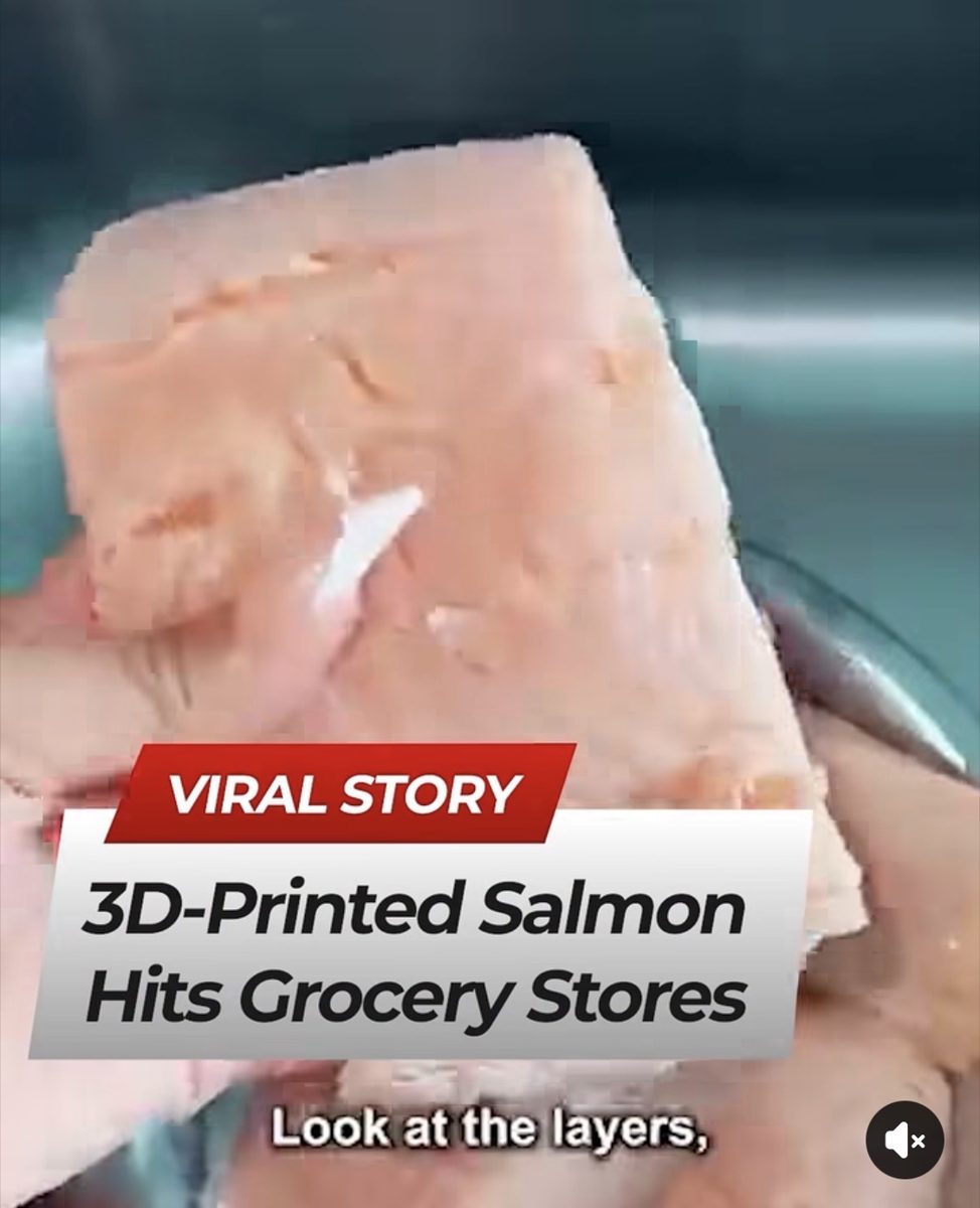 Screenshot of the viral post we checked, claiming: 3D-printed salmon hits grocery stores