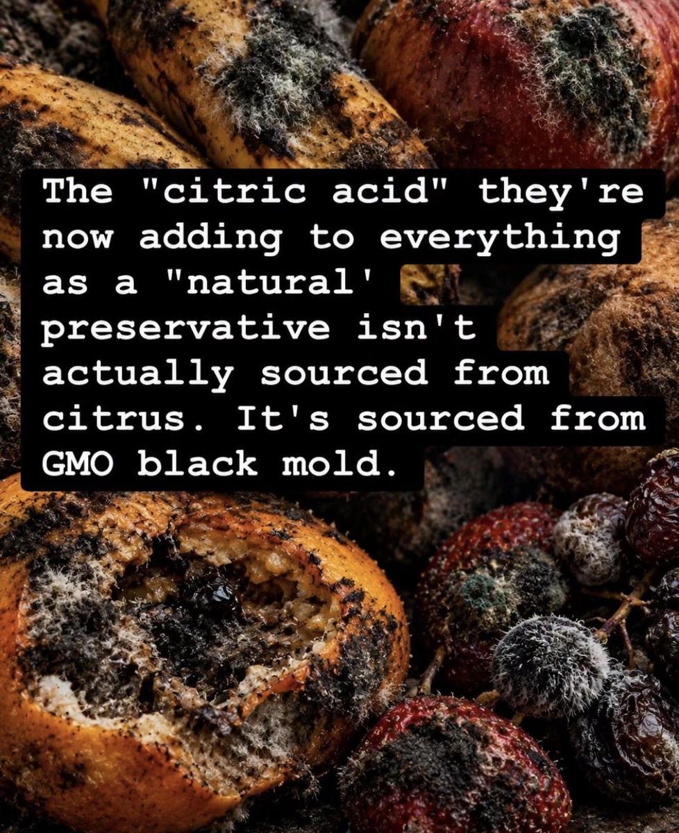 Screenshot of the viral post we checked, claiming: The 'citric acid' they're now adding to everything as a 'natural' preservative isn't actually sourced from citrus. It's sourced from GMO black mold.
