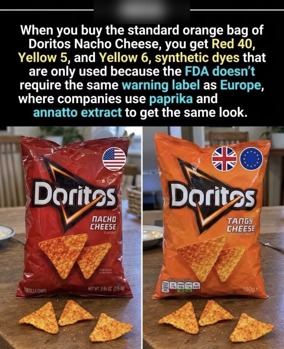 Screenshot of the viral post we checked, claiming: Are the dyes in US Doritos only there because the FDA doesn't require Europe's warning label?