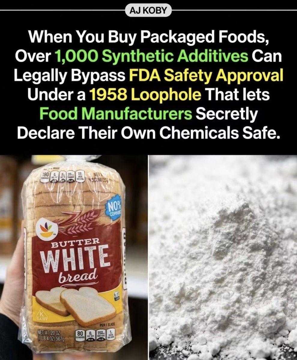 Screenshot of the viral post we checked, claiming: When you buy packaged foods, over 1,000 synthetic additives can legally bypass FDA safety approval under a 1958 loophole that lets food manufacturers secretly declare their own che