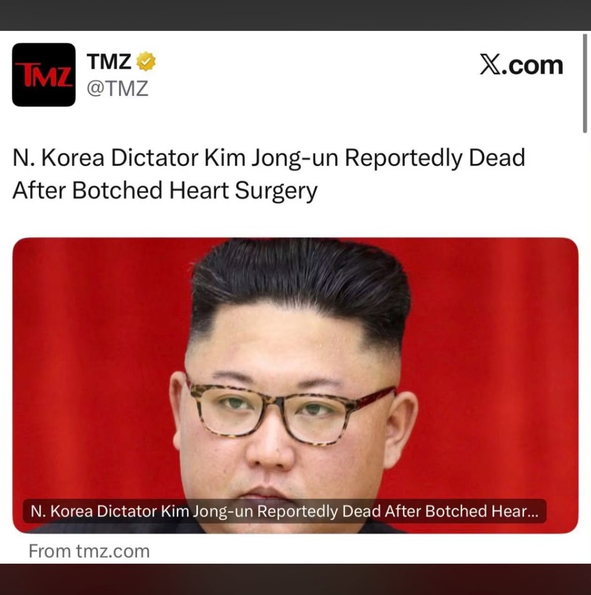 Screenshot of the viral post we checked, claiming: N. Korea Dictator Kim Jong-un Reportedly Dead After Botched Heart Surgery" (TMZ)