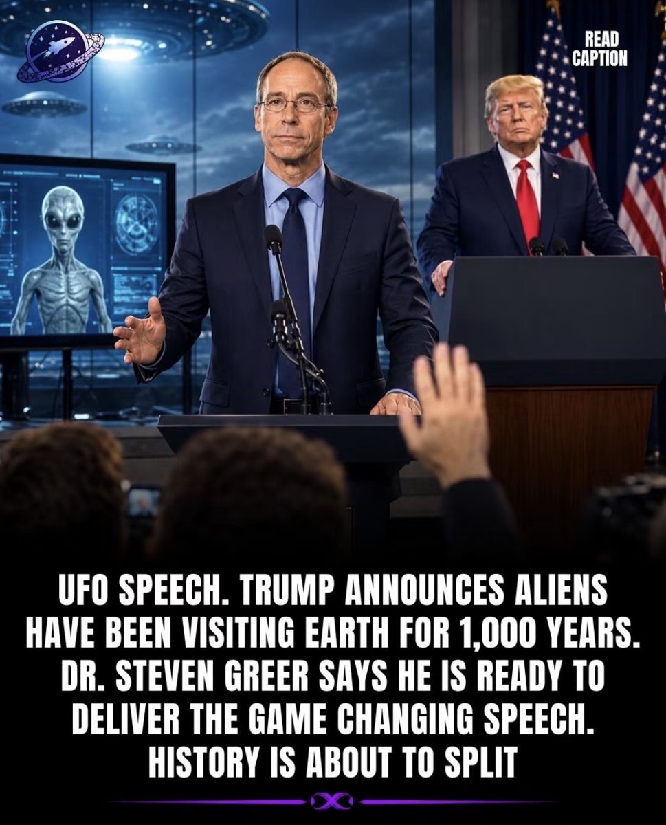 Screenshot of the viral post we checked, claiming: UFO speech. Trump announces aliens have been visiting Earth for 1,000 years. Dr. Steven Greer says he is ready to deliver the game changing speech. History is about to split.