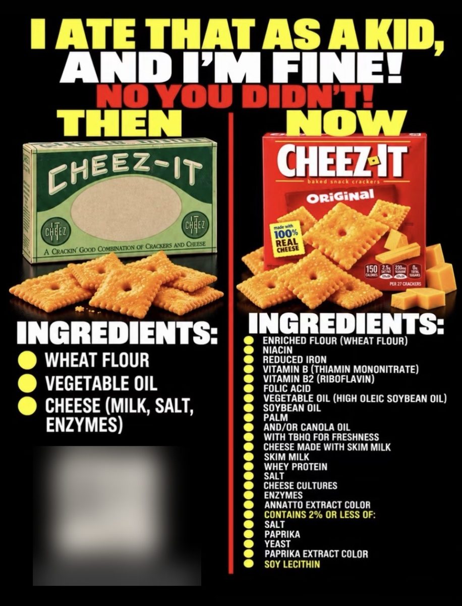 Screenshot of the viral post we checked, claiming: I ate that as a kid and I'm fine! No you didn't!" Cheez-It THEN: wheat flour, vegetable oil, cheese. NOW: a long list with TBHQ, annatto, soy lecithin and more.