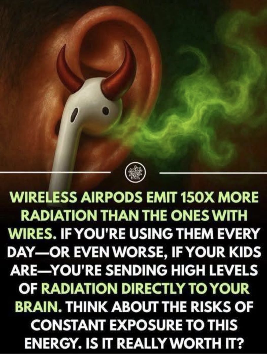 Screenshot of the viral post we checked, claiming: Wireless AirPods emit 150x more radiation than the ones with wires... you're sending high levels of radiation directly to your brain.