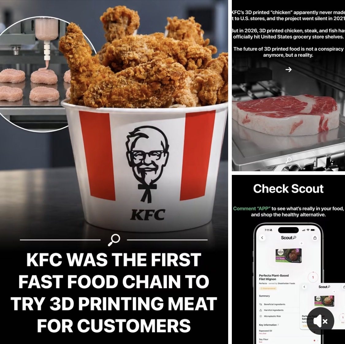 Screenshot of the viral post we checked, claiming: KFC was the first fast food chain to try 3D printing meat for customers, and in 2026 3D printed chicken, steak and fish officially hit U.S. grocery store shelves.