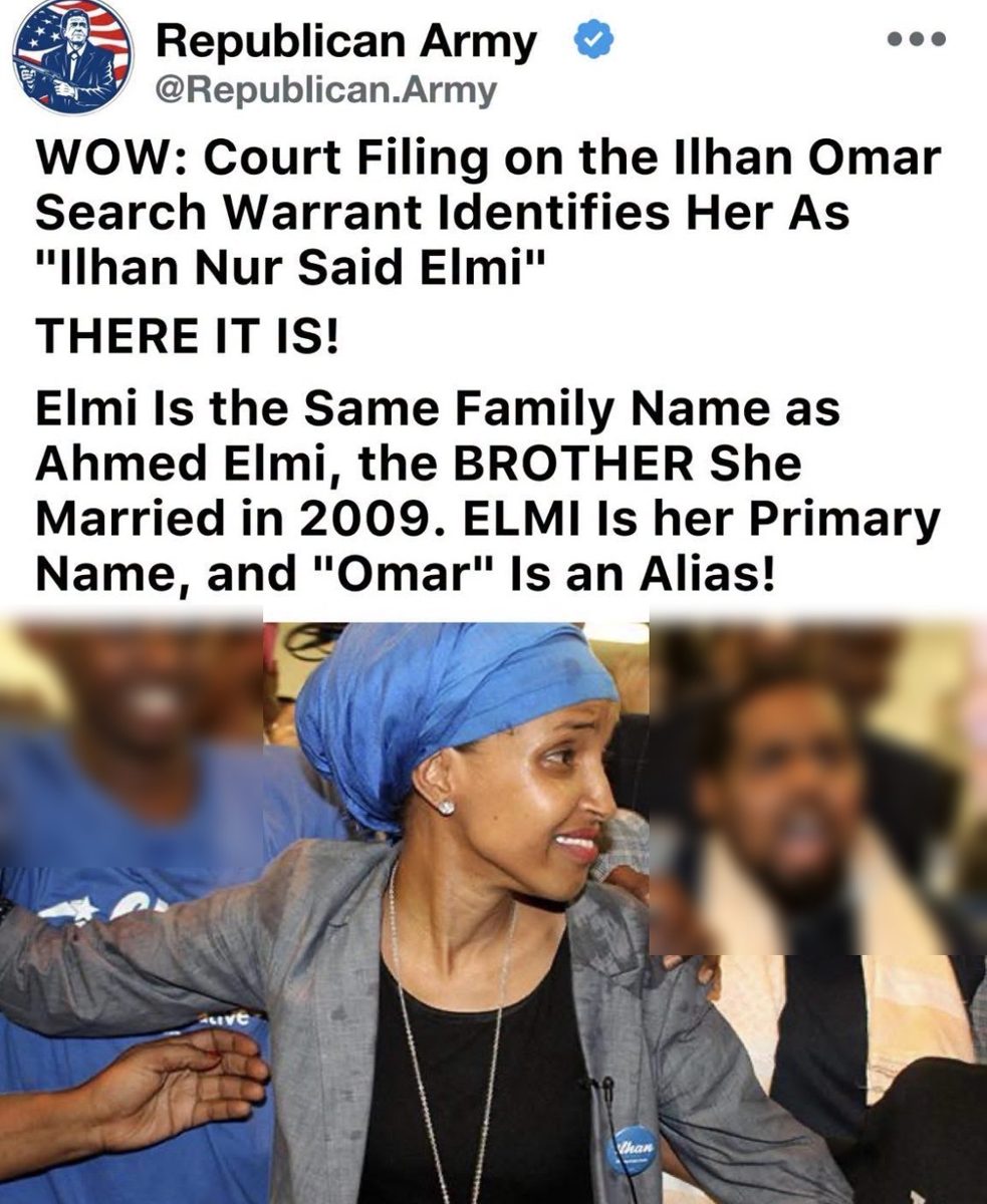 Screenshot of the viral post we checked, claiming: A court filing on the Ilhan Omar search warrant identifies her as "Ilhan Nur Said Elmi," proving Elmi is her primary name, "Omar" is an alias, and that she married her brother, Ahm
