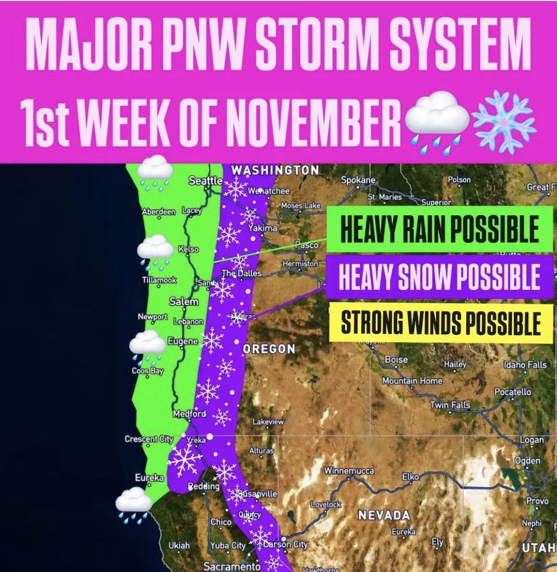 Screenshot of the viral post we checked, claiming: A major Pacific Northwest storm system is coming the first week of November, with heavy rain, heavy snow and strong winds.